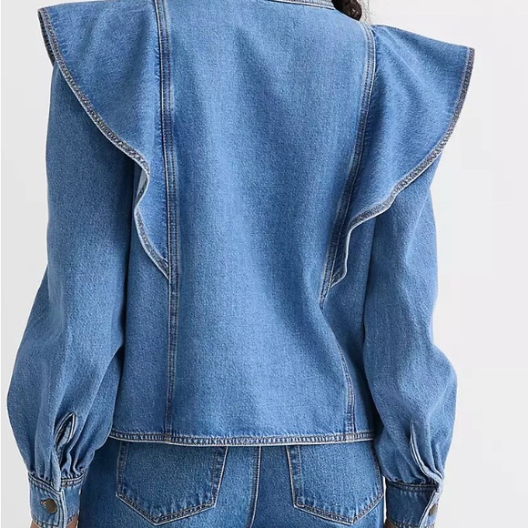 LOFT Blue Denim Button-Up Ruffle Top - Picture 3 of 4